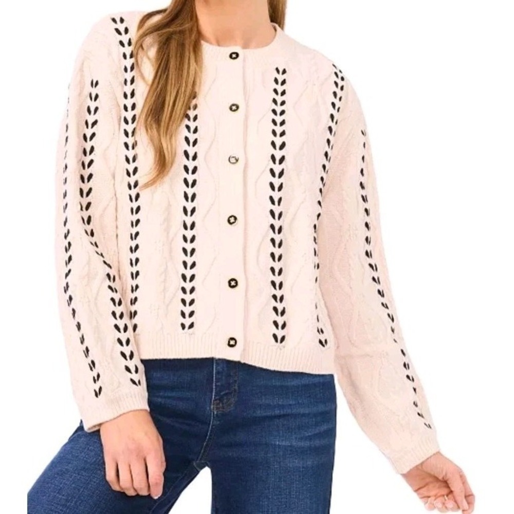 CeCe Women's XL Cable Wool Blend Cropped Cardigan Cream Contrast Ribbon NWT